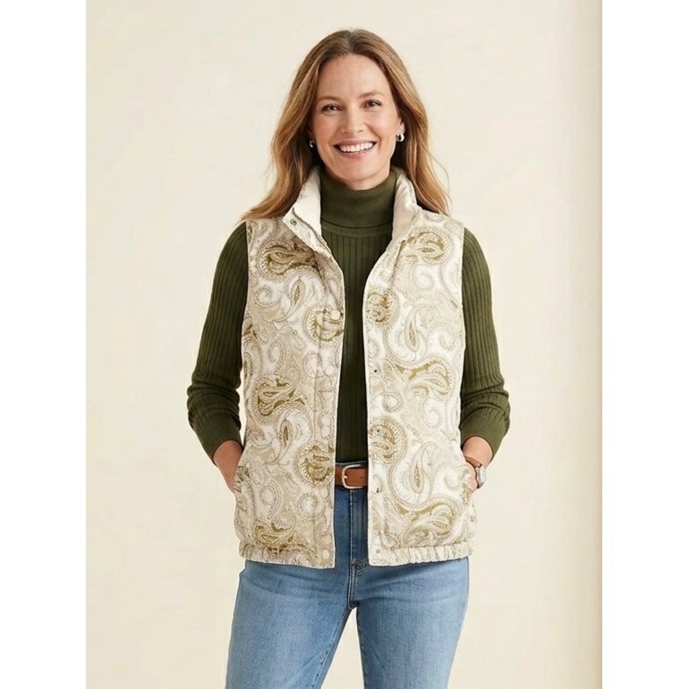Lands' End Cream Paisley Reversible Down Puffer Vest Size Medium